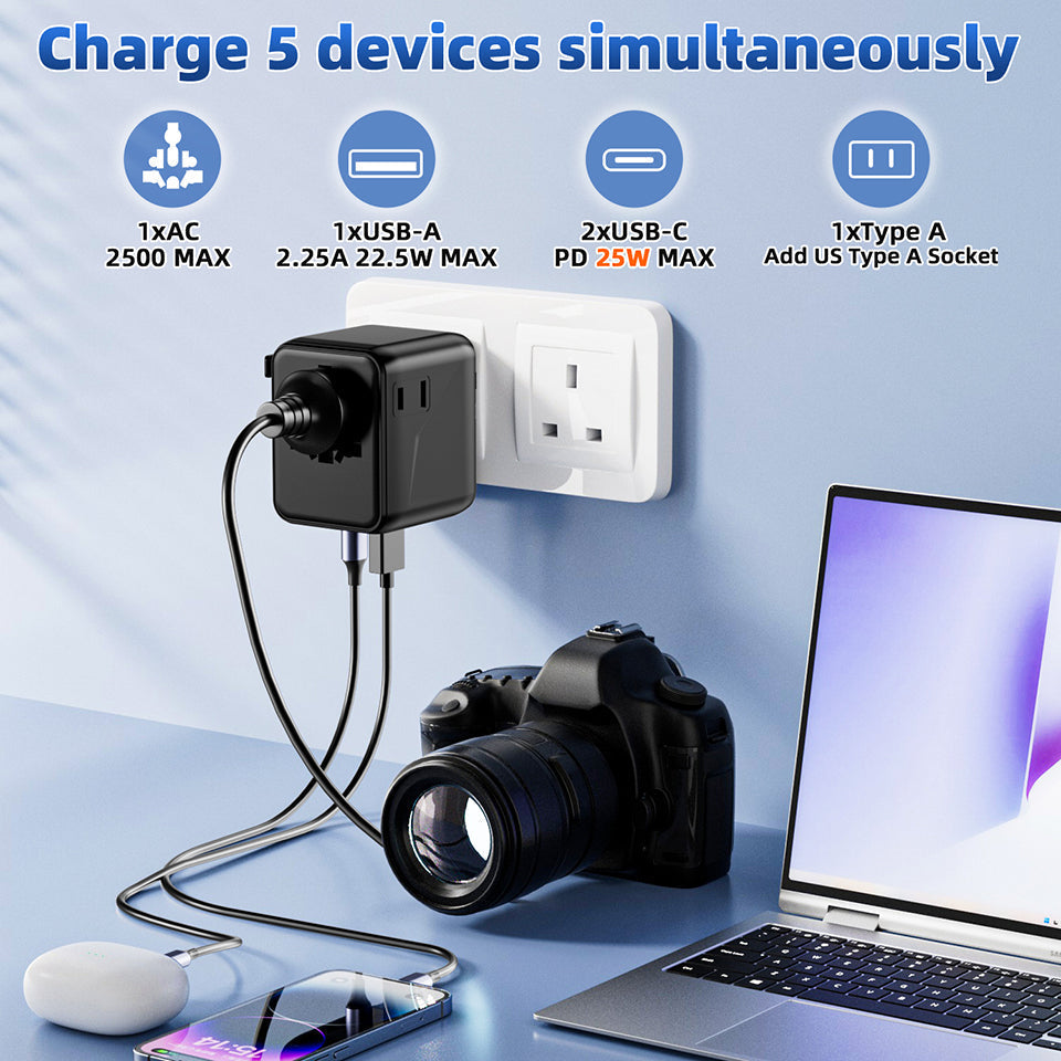 Travel Adapter 25w Pd 2C+1A+2AC Fast Charging